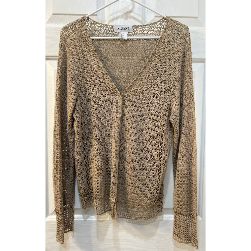 Alfani Crochet Knit Beaded Cardigan Sweater Sz M Sheer Boho Hook Eye Closure